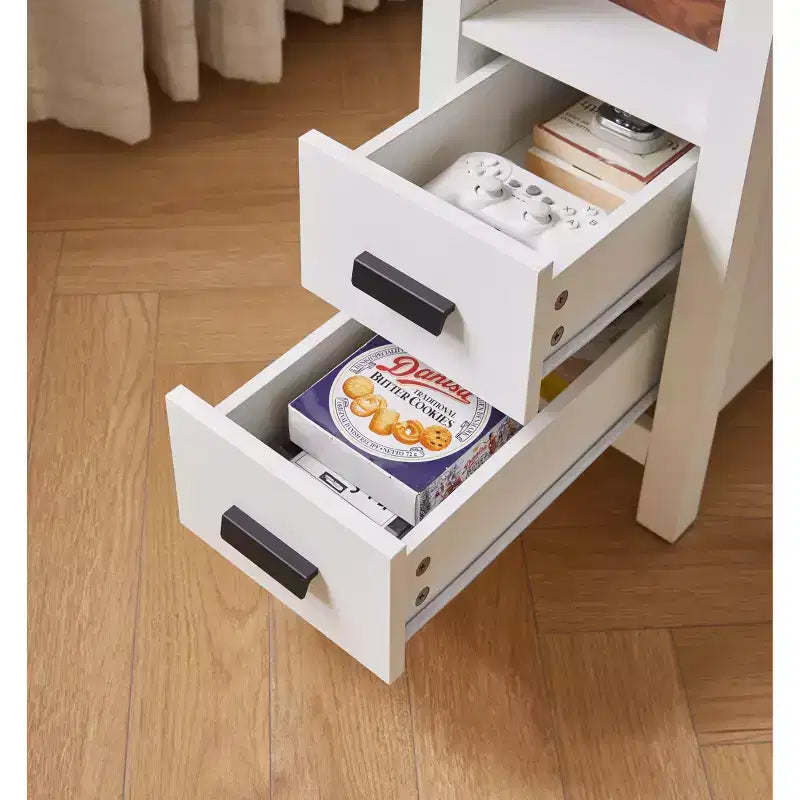 Comodino moderno singolo noce/bianco con 2 cassetti e stazione di ricarica