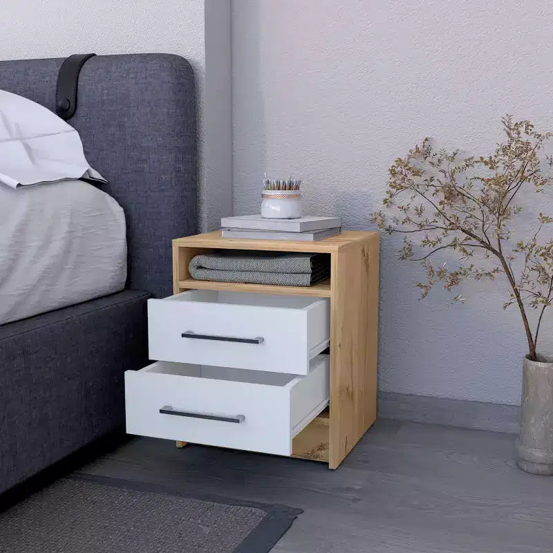 Comodino a 2 cassetti beige con ripiano aperto, 1 persona