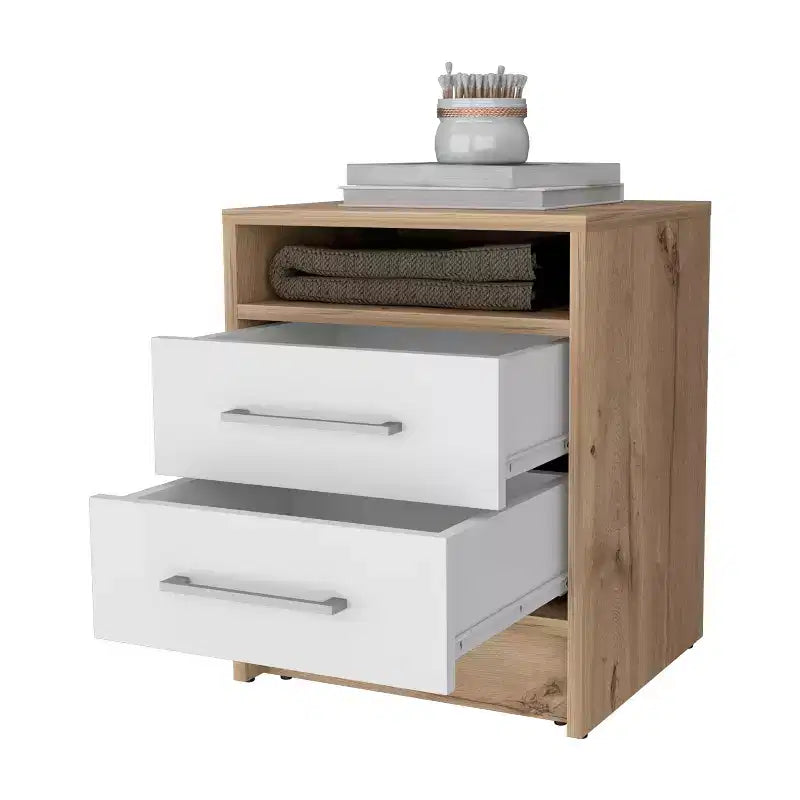 Comodino a 2 cassetti beige con ripiano aperto, 1 persona