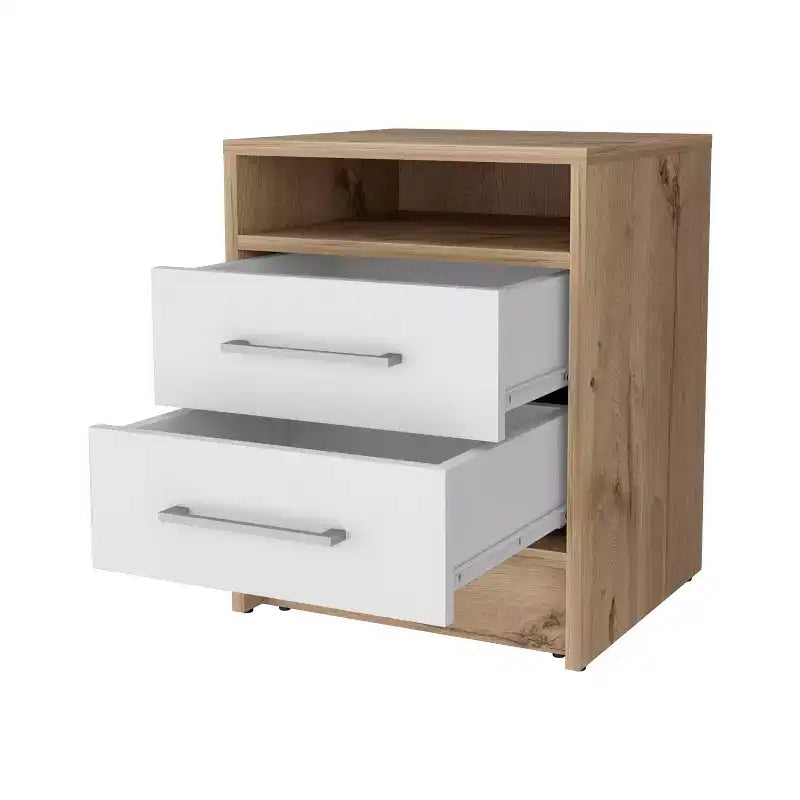 Comodino a 2 cassetti beige con ripiano aperto, 1 persona