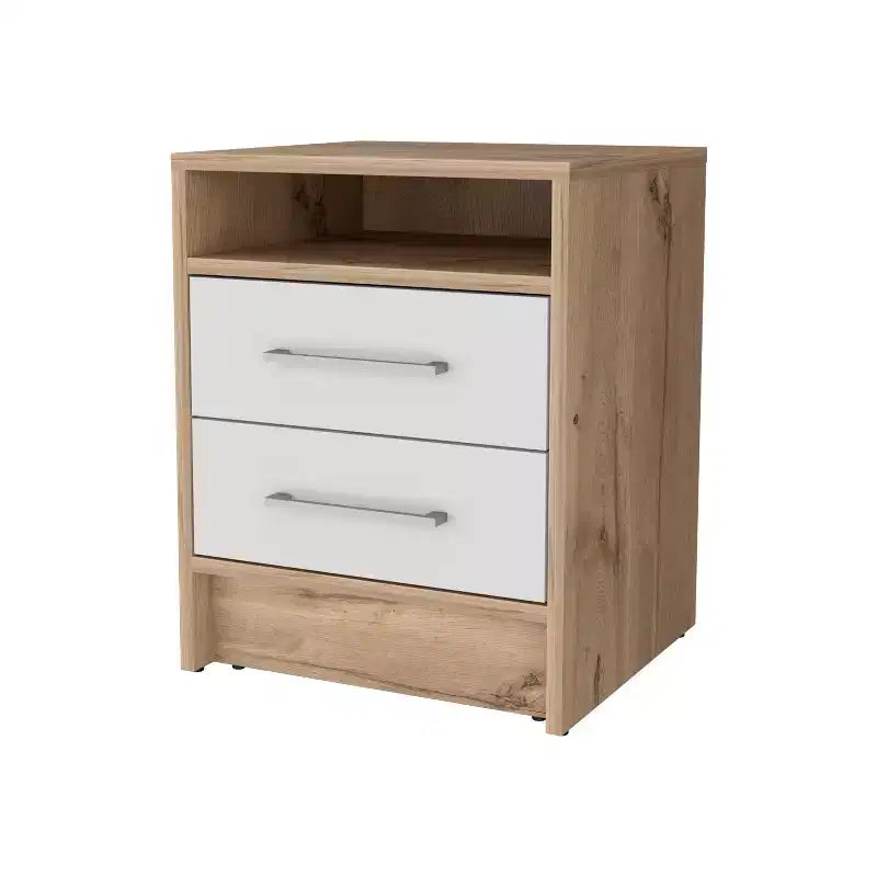 Comodino a 2 cassetti beige con ripiano aperto, 1 persona
