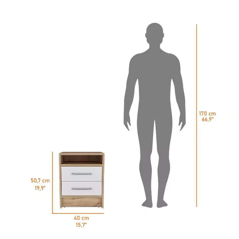 Comodino a 2 cassetti beige con ripiano aperto, 1 persona