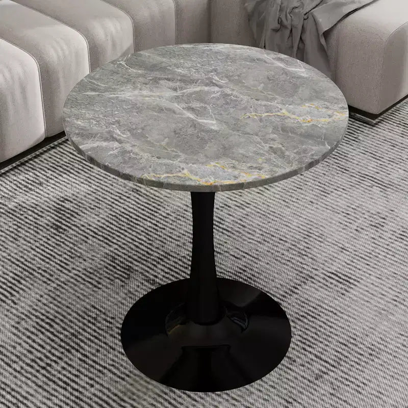 JVNOXK 27.6 Black Round Coffee Table, Mid-Century Modern with Dark Gray Textured Marble-Effect Top for 2C4 People