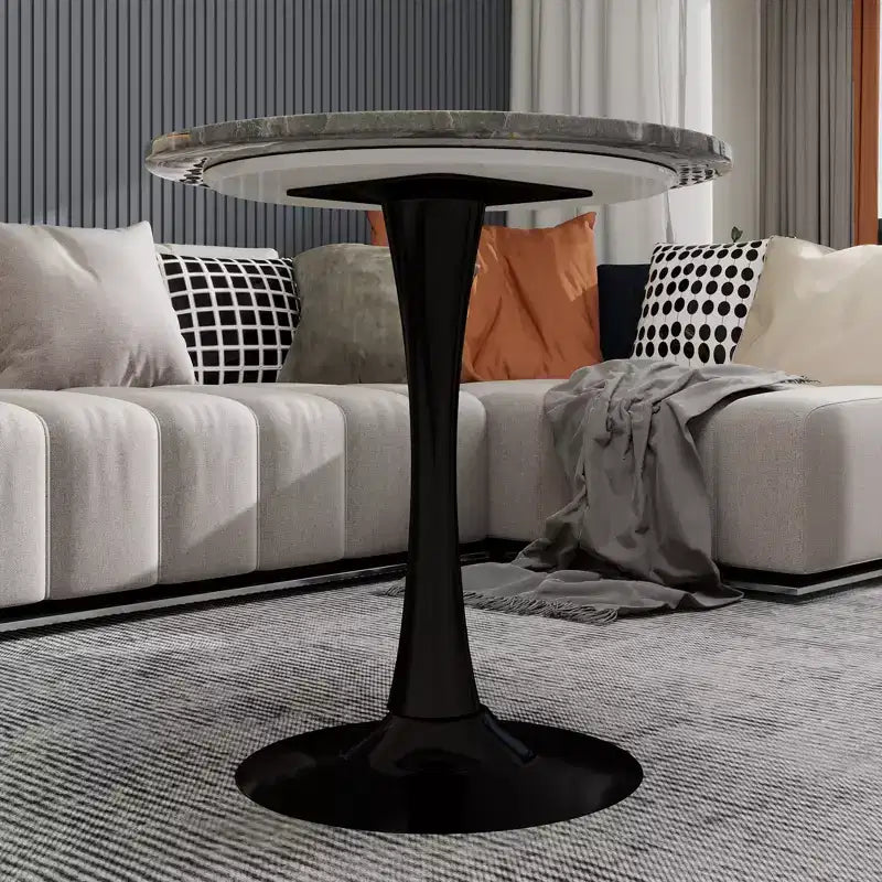 Tavolino da caffè rotondo nero da 69 cm, piano effetto marmo grigio scuro, 2-4 posti a sedere