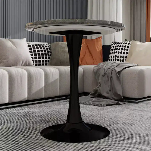 Tavolino da caffè rotondo nero da 69 cm, piano effetto marmo grigio scuro, 2-4 posti a sedere