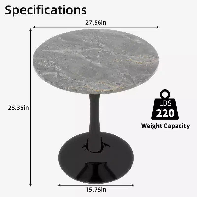 Tavolino da caffè rotondo nero da 69 cm, piano effetto marmo grigio scuro, 2-4 posti a sedere