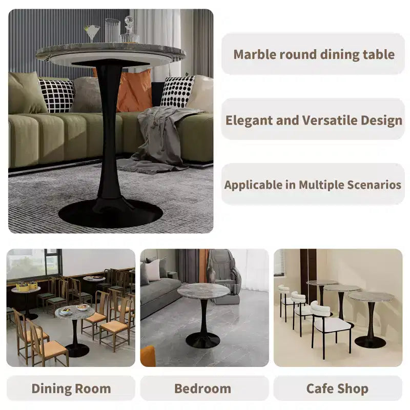 Tavolino da caffè rotondo nero da 69 cm, piano effetto marmo grigio scuro, 2-4 posti a sedere
