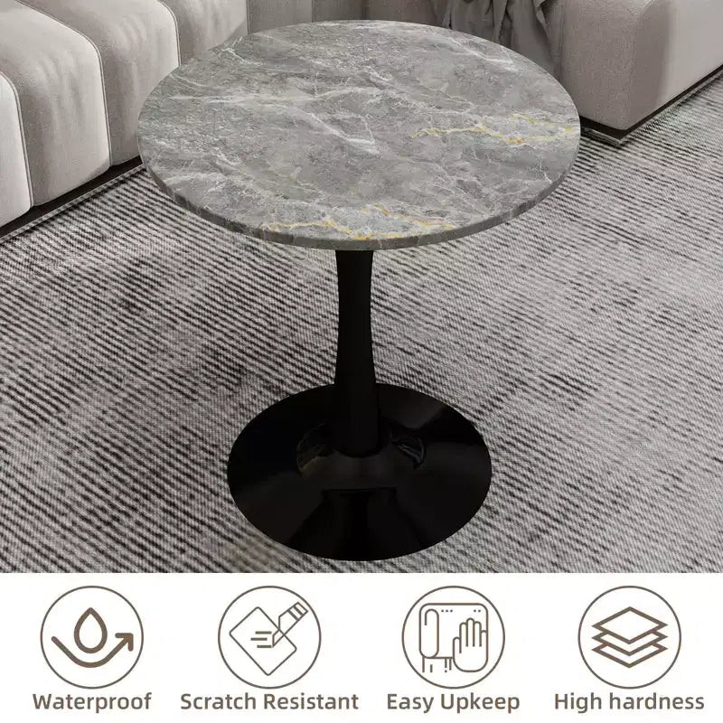 Tavolino da caffè rotondo nero da 69 cm, piano effetto marmo grigio scuro, 2-4 posti a sedere