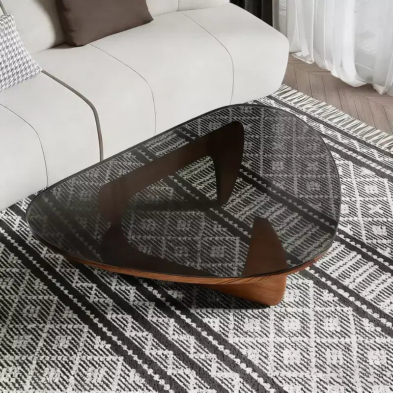 Tavolino da Caffè in Vetro Trasparente e Noce Marrone, Stile Mid-Century a 3 Gambe, per 1 Persona