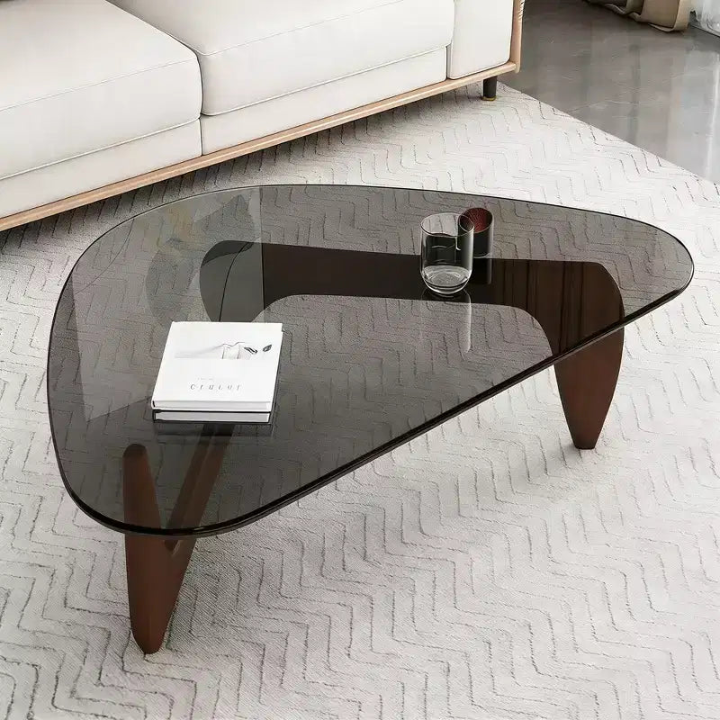 Tavolino da Caffè in Vetro Trasparente e Noce Marrone, Stile Mid-Century a 3 Gambe, per 1 Persona