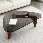 Tavolino da Caffè in Vetro Trasparente e Noce Marrone, Stile Mid-Century a 3 Gambe, per 1 Persona
