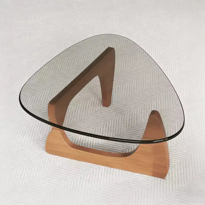 Tavolino da Caffè in Vetro Trasparente e Noce Marrone, Stile Mid-Century a 3 Gambe, per 1 Persona