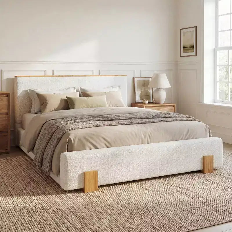 Letto a piattaforma imbottito in boucle beige con testiera, Queen/King
