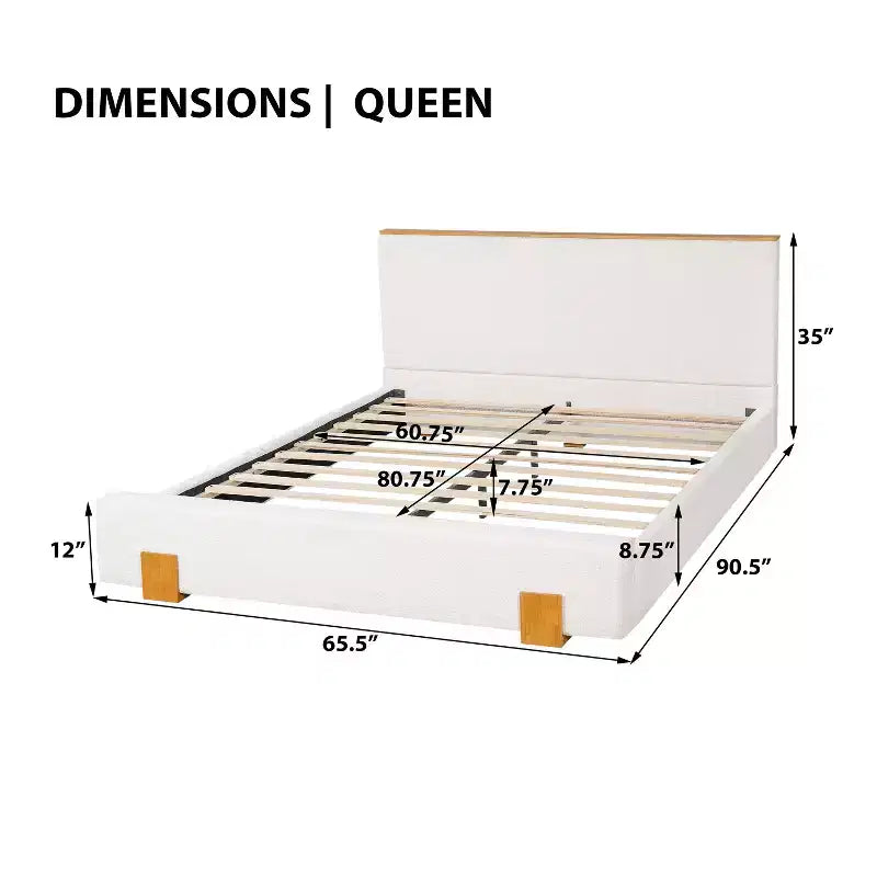 Letto a piattaforma imbottito in boucle beige con testiera, Queen/King