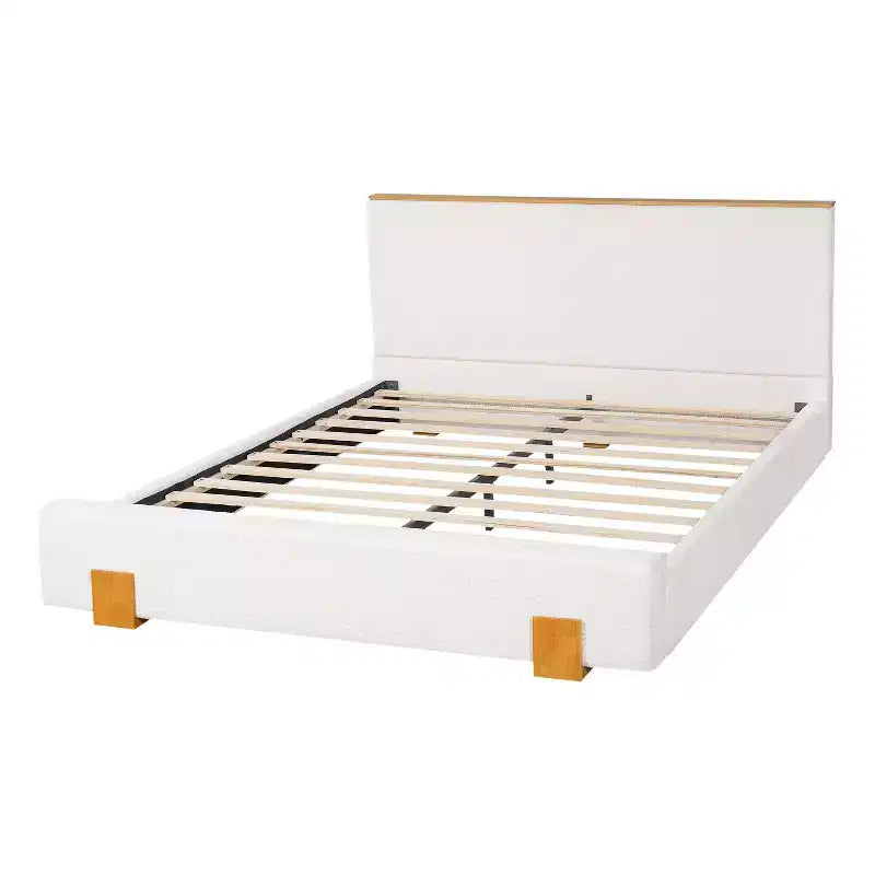 Letto a piattaforma imbottito in boucle beige con testiera, Queen/King