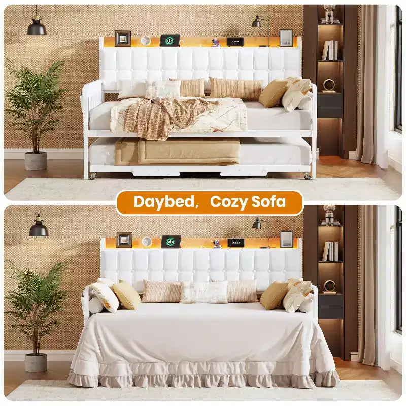Divano letto singolo imbottito bianco/nero con letto estraibile, LED e stazione di ricarica – Posti letto 2