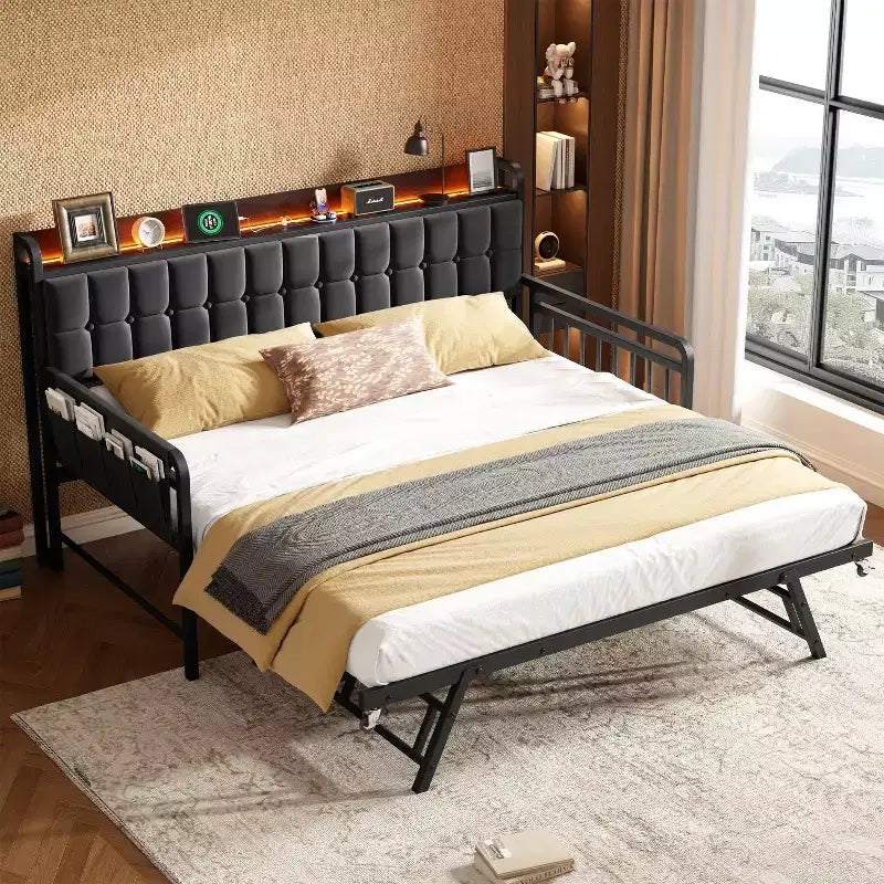 Divano letto singolo imbottito bianco/nero con letto estraibile, LED e stazione di ricarica – Posti letto 2