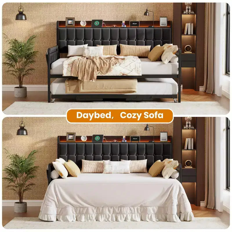 Divano letto singolo imbottito bianco/nero con letto estraibile, LED e stazione di ricarica – Posti letto 2