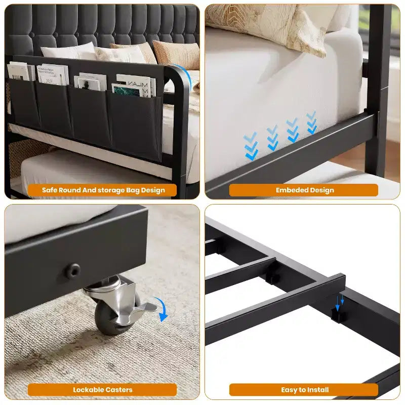Divano letto singolo imbottito bianco/nero con letto estraibile, LED e stazione di ricarica – Posti letto 2
