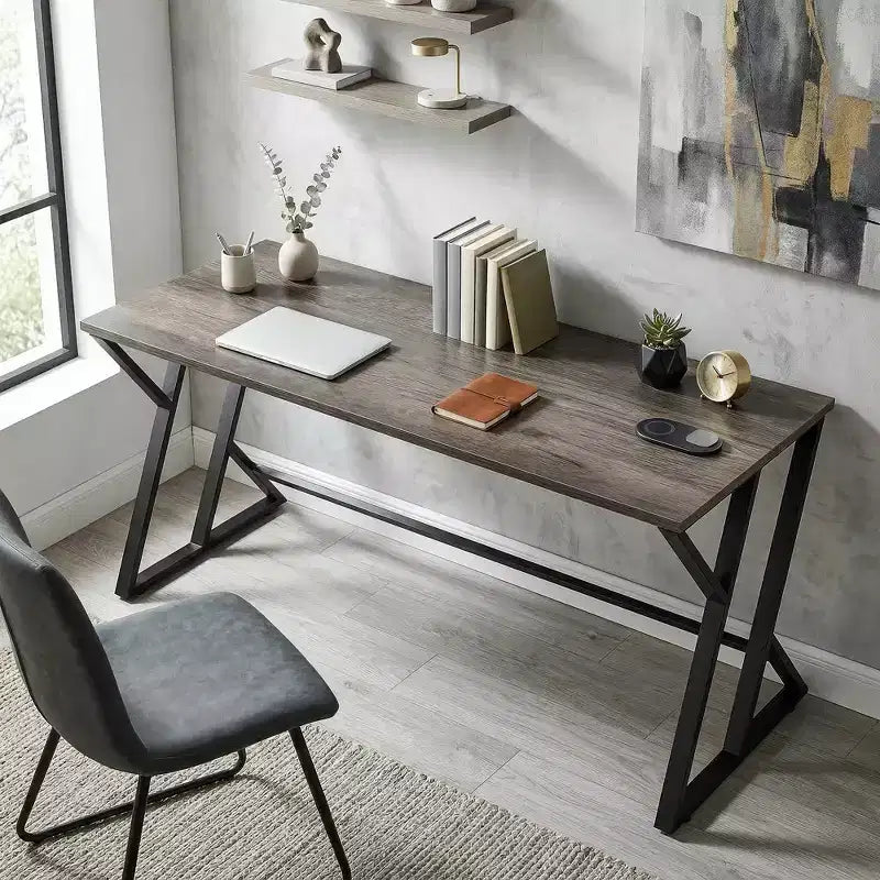 Scrivania industriale da 55", Struttura a Z, Grigio / Marrone rustico, 1 persona