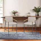 Sgabello da bancone alto con schienale, rivestito in tessuto beige/espresso con braccioli, set da 2