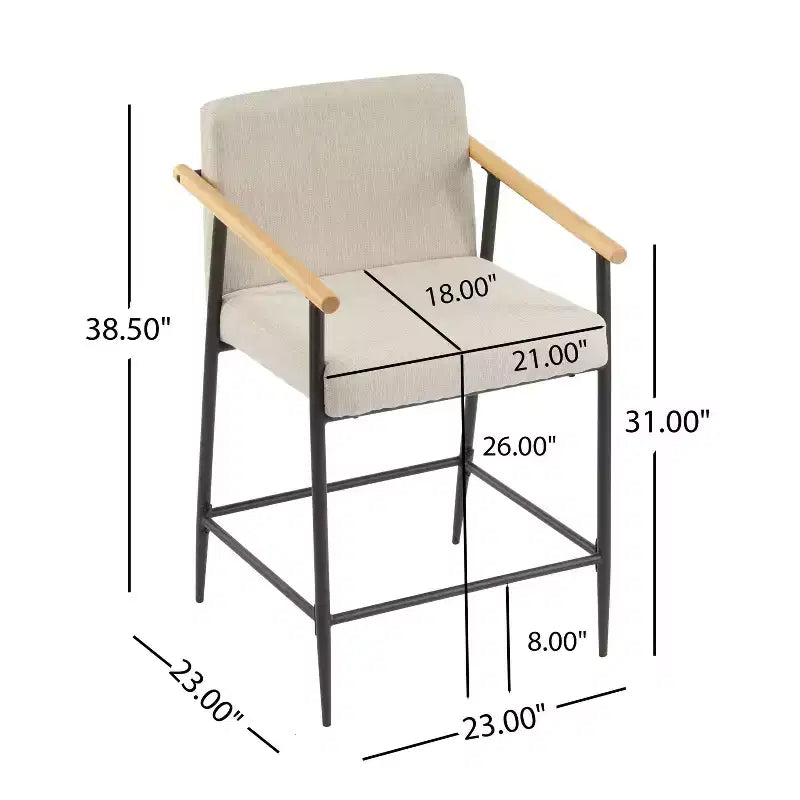 Sgabello da bancone alto con schienale, rivestito in tessuto beige/espresso con braccioli, set da 2