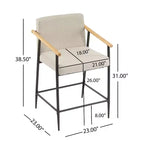 Sgabello da bancone alto con schienale, rivestito in tessuto beige/espresso con braccioli, set da 2