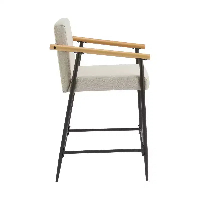 Sgabello da bancone alto con schienale, rivestito in tessuto beige/espresso con braccioli, set da 2