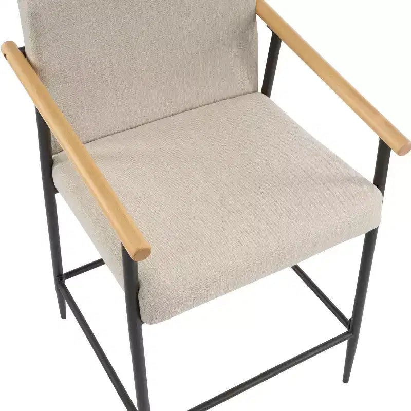 Sgabello da bancone alto con schienale, rivestito in tessuto beige/espresso con braccioli, set da 2