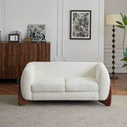 Divanetto in tessuto bouclé beige, 2 posti, gambe in legno color espresso
