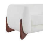 Divanetto in tessuto bouclé beige, 2 posti, gambe in legno color espresso
