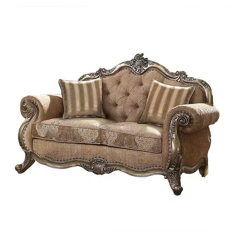 Divanetto in tessuto grigio, stile antico, 2 posti