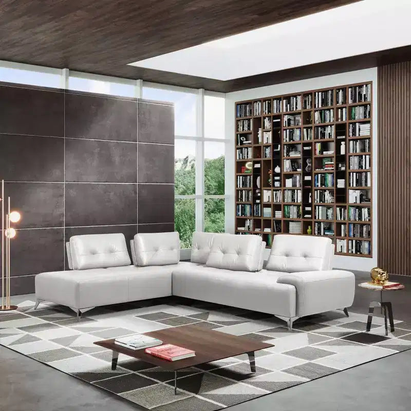 Divano componibile in pelle bianco perla con chaise longue, 6 posti, 2 pezzi