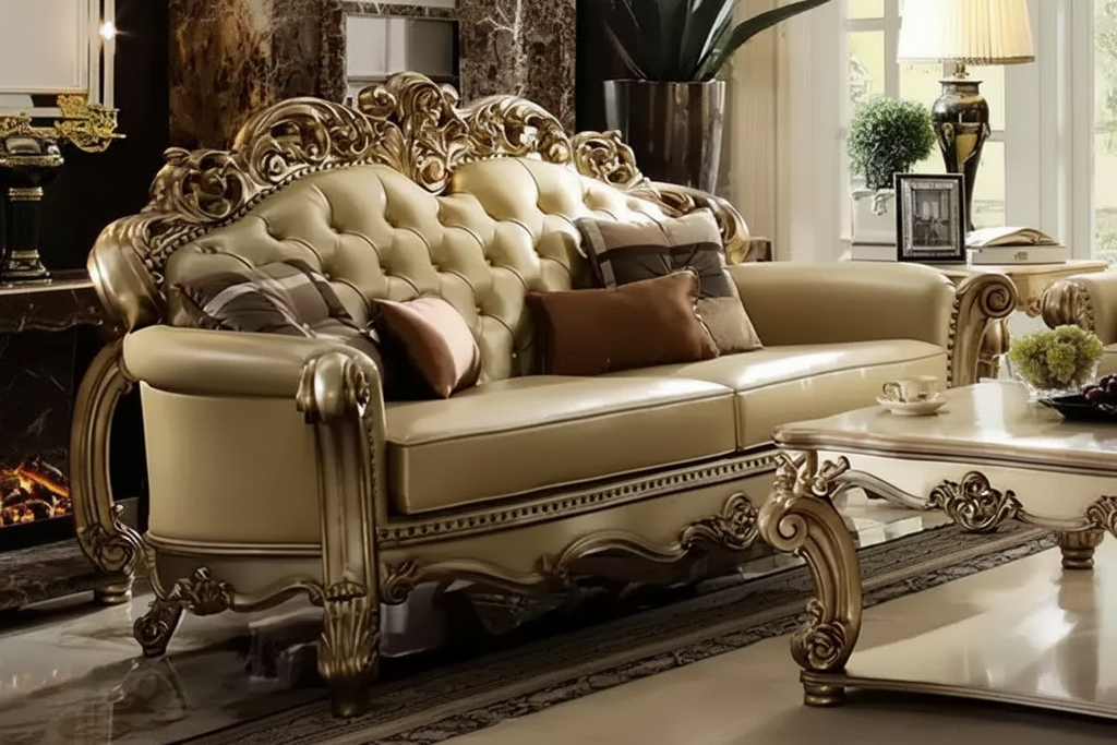 Divanetto 2 posti color osso in similpelle con patina oro, capitonné