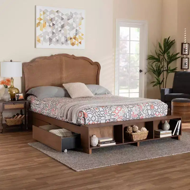 Letto matrimoniale king size marrone noce con testiera in rattan, 1–2 adulti