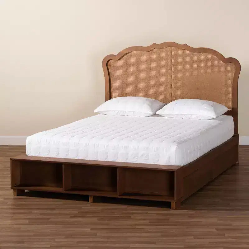 Letto matrimoniale king size marrone noce con testiera in rattan, 1–2 adulti