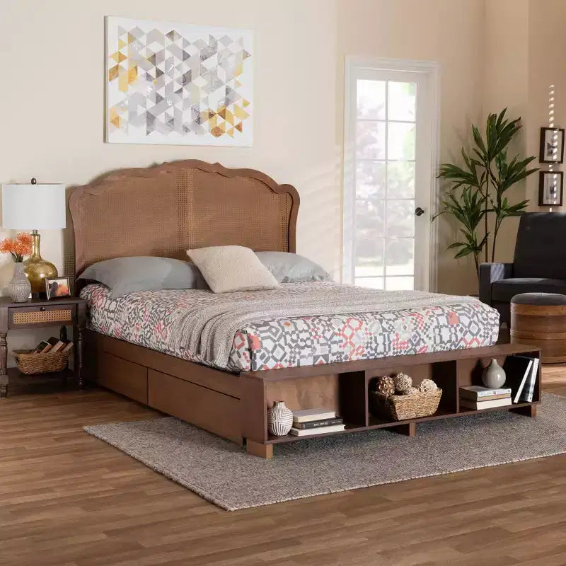 Letto matrimoniale king size marrone noce con testiera in rattan, 1–2 adulti