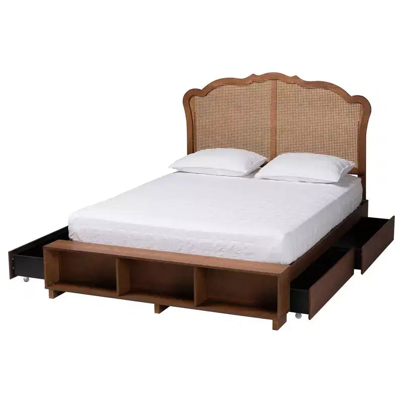 Letto matrimoniale king size marrone noce con testiera in rattan, 1–2 adulti