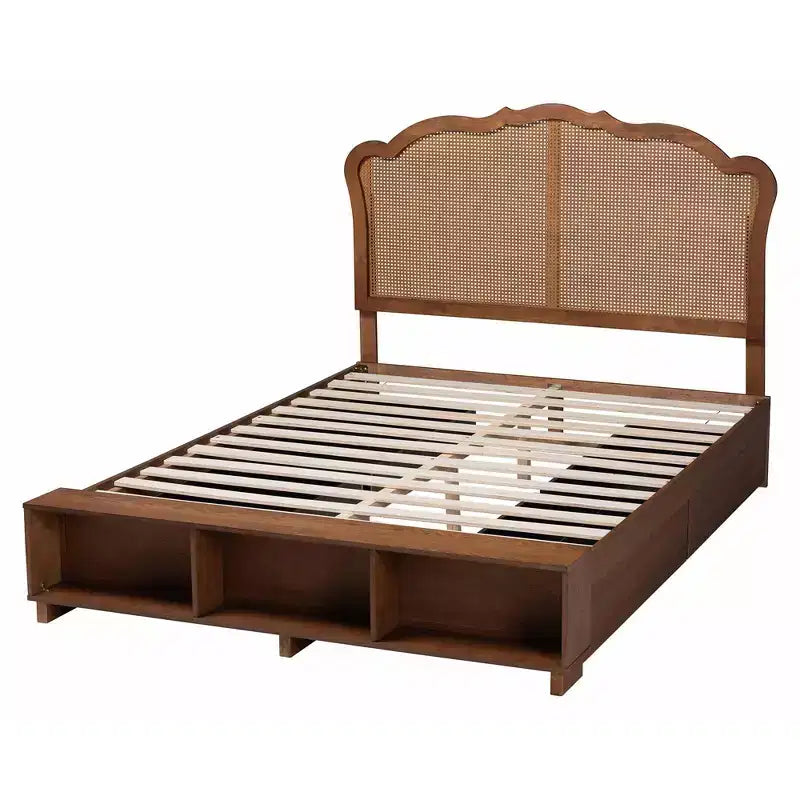 Letto matrimoniale king size marrone noce con testiera in rattan, 1–2 adulti