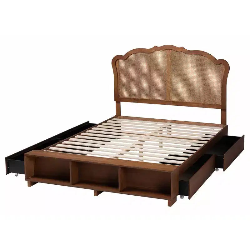 Letto matrimoniale king size marrone noce con testiera in rattan, 1–2 adulti