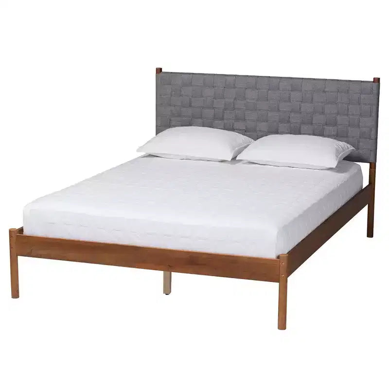 Baxton Studio Queen Estela Woven Fabric and Wood Platform Bed Gray/Walnut Brown