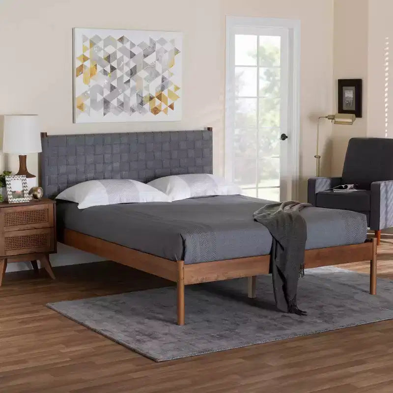 Letto matrimoniale Queen con piattaforma, grigio/marrone noce, stile metà secolo, 1 posto
