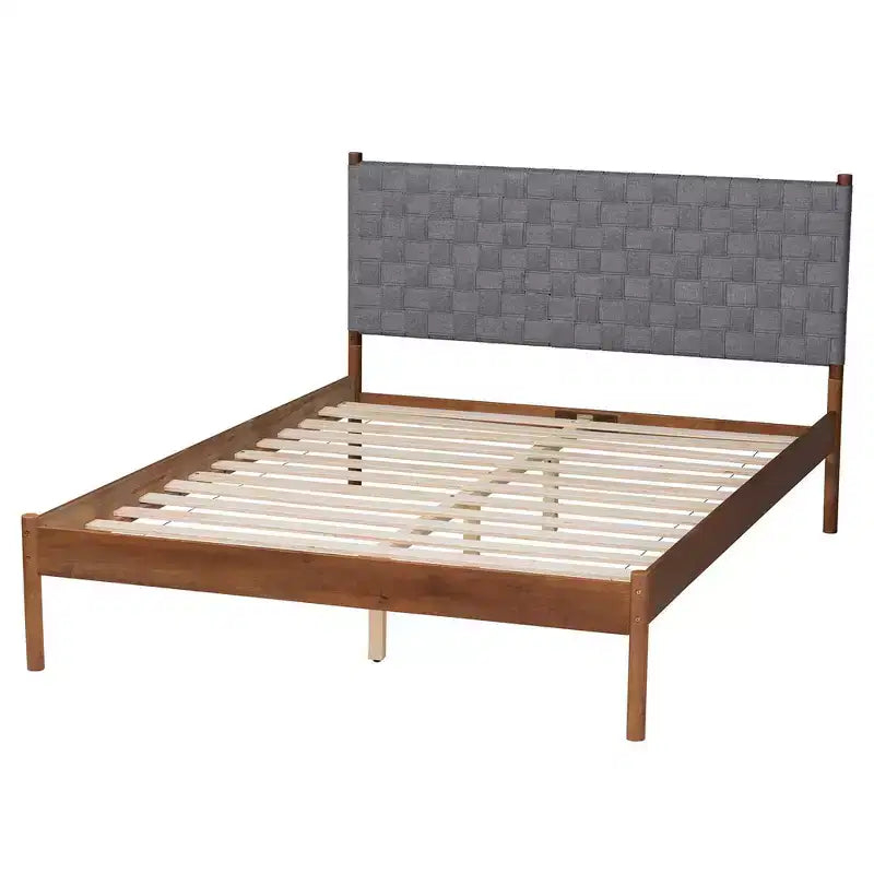 Letto matrimoniale Queen con piattaforma, grigio/marrone noce, stile metà secolo, 1 posto