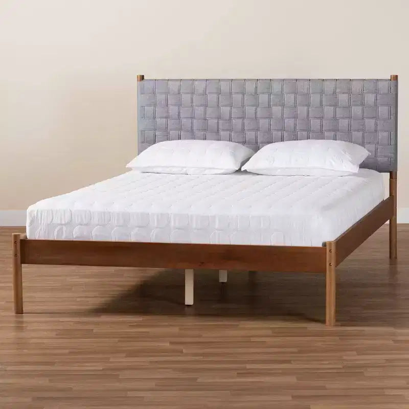 Letto matrimoniale Queen con piattaforma, grigio/marrone noce, stile metà secolo, 1 posto