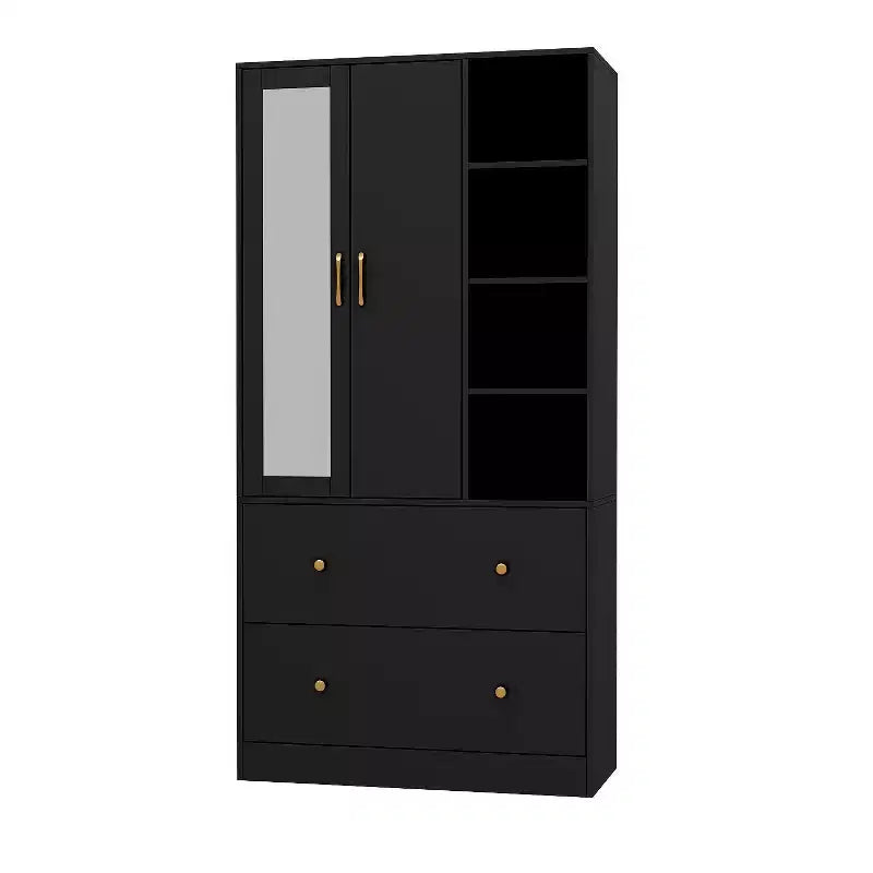 Armadio a 2 ante con specchio, appendiabiti e 2 cassetti, nei colori nero/blu notte/bianco
