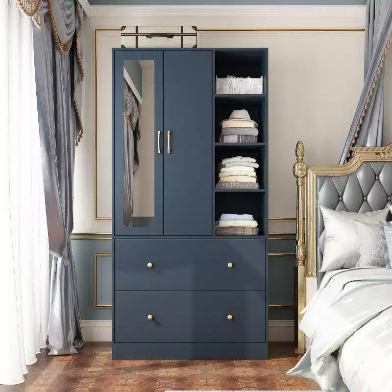 Armadio a 2 ante con specchio, appendiabiti e 2 cassetti, nei colori nero/blu notte/bianco