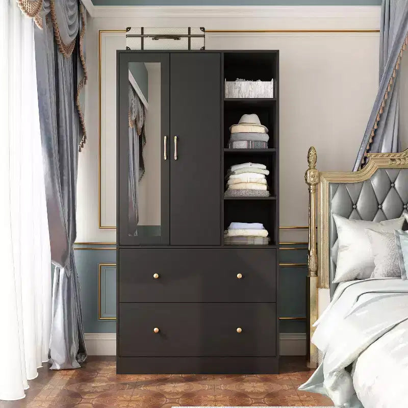 Armadio a 2 ante con specchio, appendiabiti e 2 cassetti, nei colori nero/blu notte/bianco