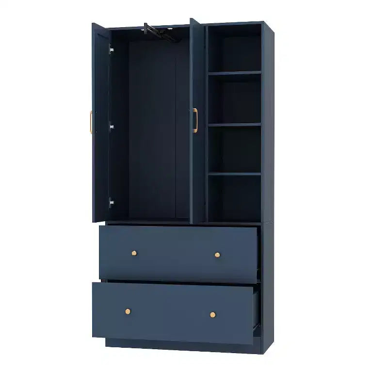 Armadio a 2 ante con specchio, appendiabiti e 2 cassetti, nei colori nero/blu notte/bianco