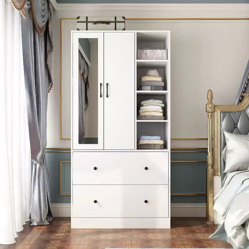 Armadio a 2 ante con specchio, appendiabiti e 2 cassetti, nei colori nero/blu notte/bianco