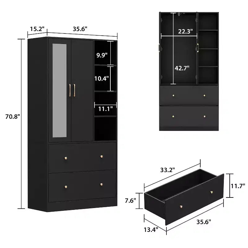 Armadio a 2 ante con specchio, appendiabiti e 2 cassetti, nei colori nero/blu notte/bianco